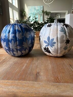 Handmade Blue and White  Decoupaged Pumpkins - Set of 2